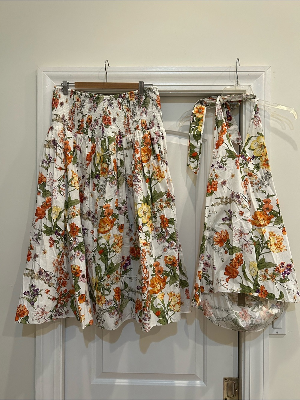 J. Crew White Floral A-Line Midi Skirt and Halter with Orange and Green Print